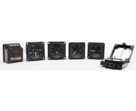 A black bakelite MKI Marching compass, four vintage aircraft gauges and an Air Ministry 5/D 608 container jettison button:(6)
