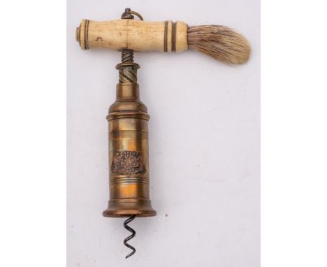 A Thomason type brass barrelled corkscrew:, , double action with  bone handle and  brush, suspension ring, the barrel with ap