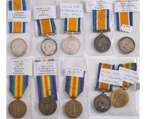 A group of WWI medals:, comprising a pair to '25714 Pte F C Williams Lan Fus', Three Victory Medals,'2801 Pte G R Batting Dev