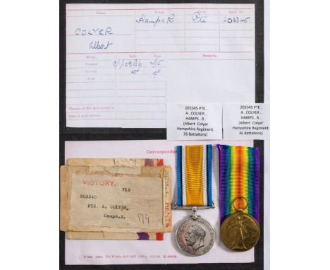 A WWI pair to '203345 Pte A Colyer Hamps R':.
