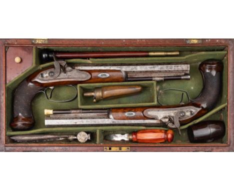 A pair of 19th century cased percussion cap duelling pistols by Joseph Egg, No 1 Piccadilly, London:, each with 9 inch rifled