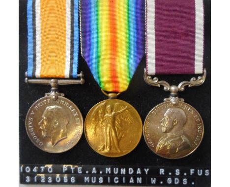 A Great War trio:  to 10470 Pte. A. Munday. R. S. Fus. includes War and Victory Medals and Army Long Service and Good Conduct