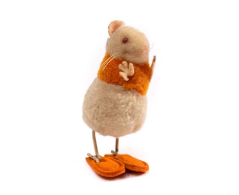 A Steiff puff ball mouse, circa 1950s/60s:,  pink felt ears with button, red glass eyes, orange waistcoat with pink felt hand