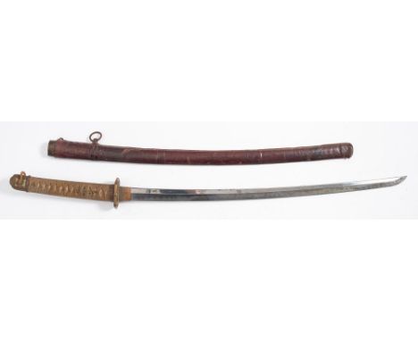 A Shinshinto period katana by Aoe Ujiharu, with later WWII military mounts:, the blade with good kissaki and visible hamon, b