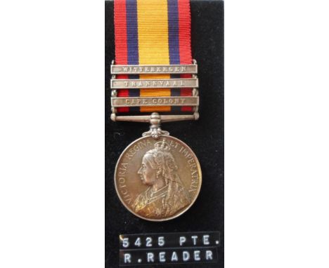 Queens South Africa Medal to 5425. Pte. R. Reader. Gren. Gds: with Wittebergen, Transvaal and Cape Colony clasps.