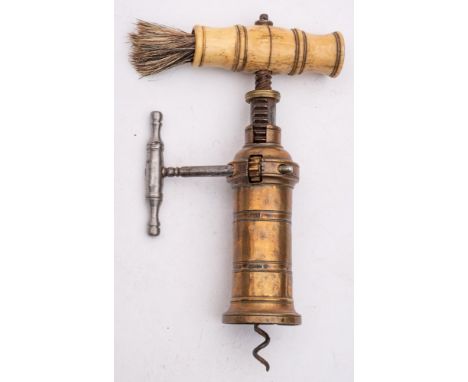 A brass barrelled narrow rack Kings corkscrew:,  with bone handle and brush, ring turned barrel and wire helix.