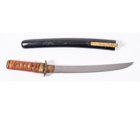 A  Japanese tanto:, unsigned, the 12 inch blade over a copper habaki and gilt tsuba, cord bound same with gilt dragon menuki 