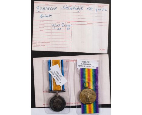 A WWI pair to '914320 Pte R Robinson Notts &amp; Derby R':.