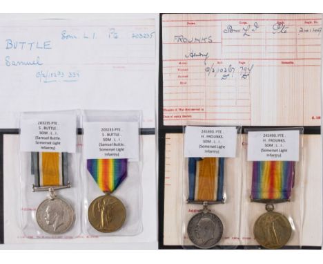 Two WWI Somerset Light Infantry pairs, '24149 Pte H Frounks' and '203235 Pte S Buttle':..