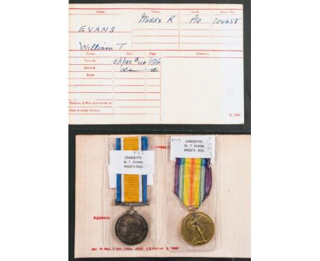 A WWI pair to '204658 Pte W T Evans Middx. R':.