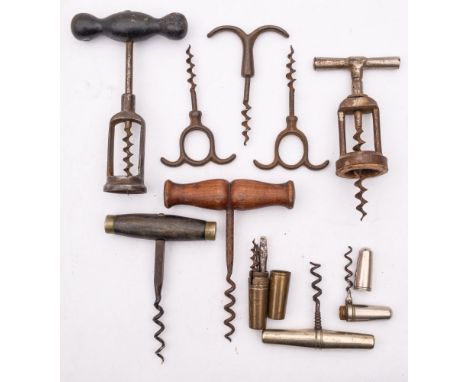A group of various corkscrews:, comprising three eyebrow straight pull corkscrews,  two Lund type steel corkscrews, also thre