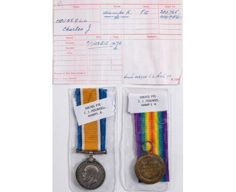 A WWI pair to '306785 Pte C J Hounsel Hamps R':.
