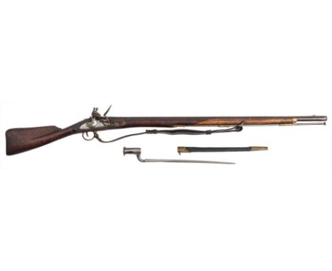 A 19th century Brown Bess flintlock musket:, the 38 1/2 inch plain barrel with sidelock action, stamped with lion rampant and