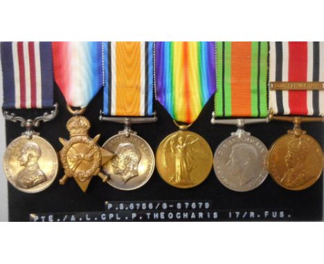 A Great War Military Medal group of six: to G-87679 Pte. A.L.Cpl. P. Theocharis. 17/R. Fus. includes Military Medal, 1914-15 