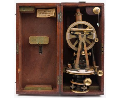 A lacquered brass four screw vernier theodolite by Stanley, London:, the sighting tube with rack and pinion adjust, silver ca