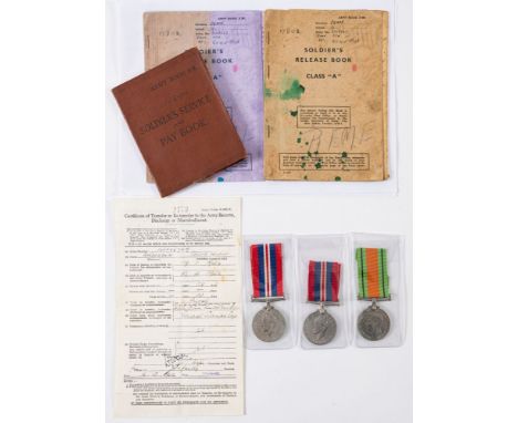 A 1939-45 War Medal and GRVI Coronation medal with Soldier's Release book and ephemera fro '3326967 G Clark REME':, together 