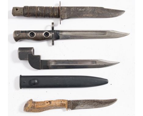 A LIA3 bayonet (no scabbard):, together with a No 9 bayonet in scabbard, an America Ka-Bar fighting knife and a German knife 