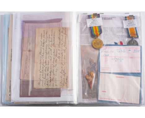 A WWI pair to '38544 Pte J Strelitz North'n R':, with ephemera and research documents, and one other pair to '142108 Pte P Sm