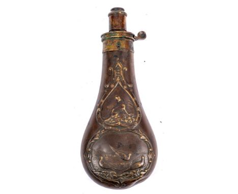 A copper and brass powder flask, by G &amp; J W Hawksley, Sheffield:, with hunting dog and game bird decoration 20.5cm long (