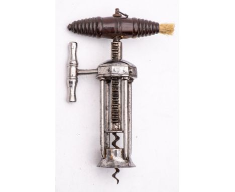 A 19th century four poster King's corkscrew:, unsigned, the turned rosewood handle with suspension loop and brush, over octag