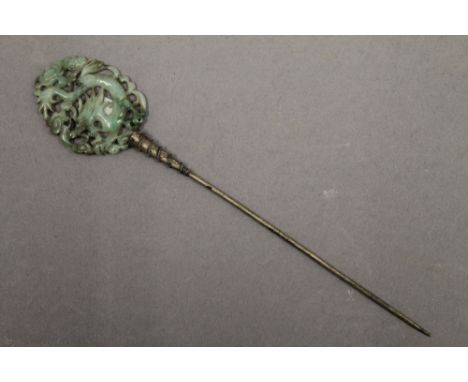 A Chinese jade mounted hair pin. 17.5 cm long.