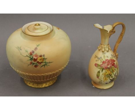 A Royal Worcester lidded vase and a small ewer. The former 13 cm high.