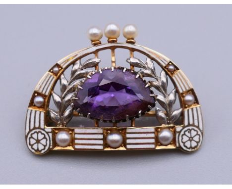 A 14 K gold, amethyst and enamel brooch. 3 cm wide.