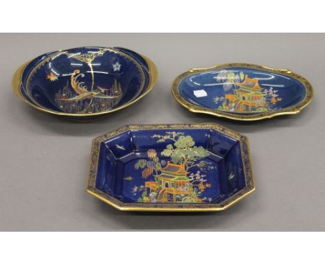 Three Carltonware chinoiserie dishes. The smallest 26 cm wide.
