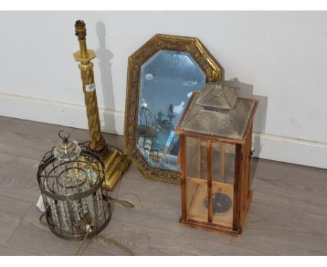 4 items includes brass table lamp, antique mirror, light fitting and lantern