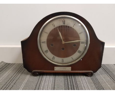mahogany mantle clock with British railway appreciation of 45 years service j t hopkinson