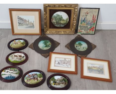 A signed colour print of morpeth, other prints, sampler and ringtons wall plaques.