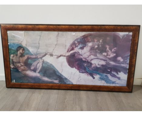 A large colour print of the creation of Adam by Michelangelo 67 x 150cm