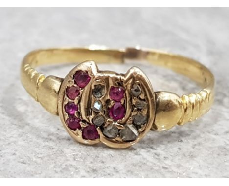 Antique 9ct yellow gold ruby and diamond ring, size N, 1.9g gross