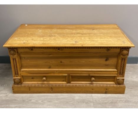 Twin handled carved pine storage trunk fitted with 2 drawers, 107x59cm, H50cm