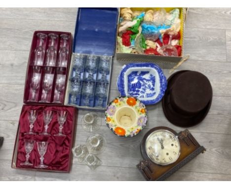 Box containing crystal drinking glass sets, mantle clock, top hat etc
