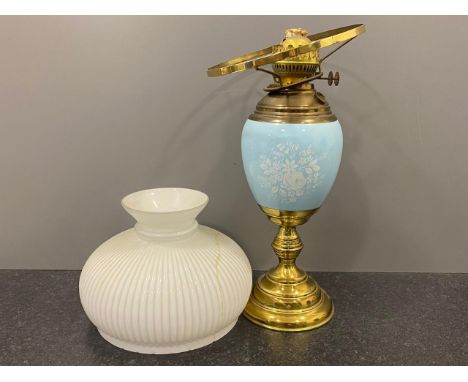 20th century Brass and ceramic oil lamp with glass shade