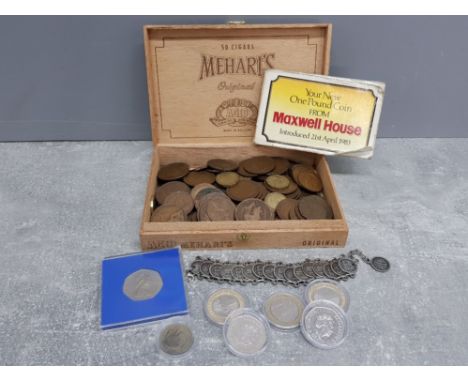 Mehari's cigar box filled with pre-decimal coinage together with white metal French bracelet, 1959 silver shilling, 3× collec