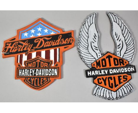 Two Reproduction Cast Metal Harley Davidson Motorcycles Wall Plaques, Tallest 29cm high, Plus VAT 