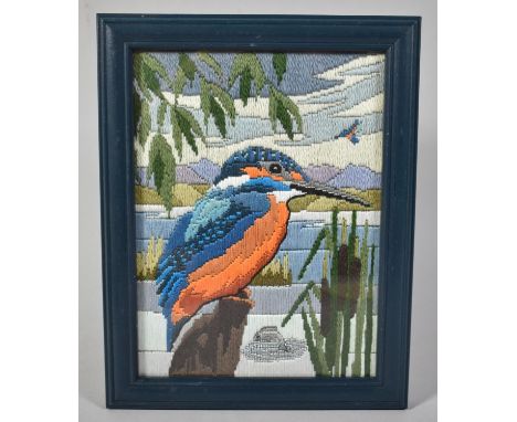 An Easel Backed Framed Silk Embroidery, Kingfisher, 14x19.5cm 