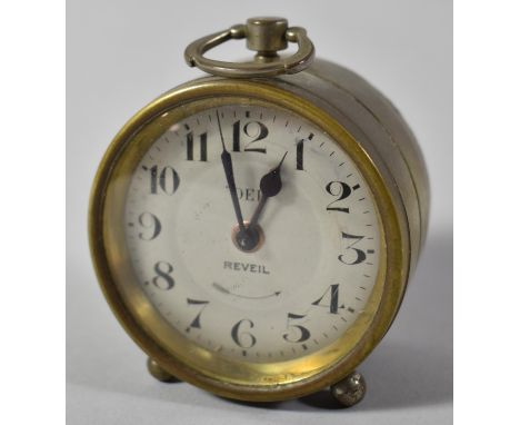 A Small French Circular Drum Alarm Clock, the Silvered Dial Inscribed "Dep", Reveil, 6cm Diameter 