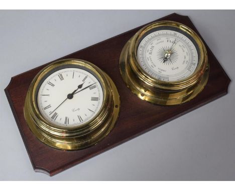 A Modern Wall Mounting Brass Cased Clock and Barometer Set on Mahogany Plinth, 38cm Wide 