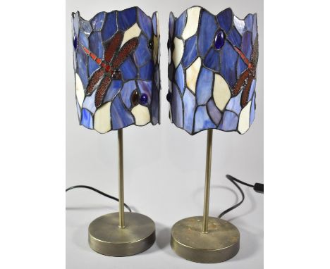 A Pair of Modern Table Lamps with Reproduction Tiffany Style Dragonfly Shades, Each Lamp 41cm High 