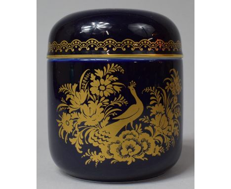 A German Cobalt Blue and Gilt Decorated Tea Caddy of Cylindrical Form, 12cm high 
