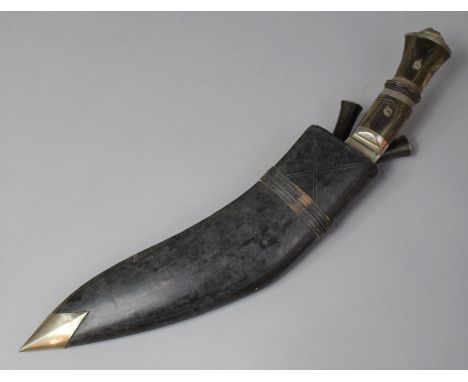 A Vintage Kukri Knife Set with Two Small Daggers in Leather Scabbard, Main Knife with Lion Mask Hilt, 44cm Long 