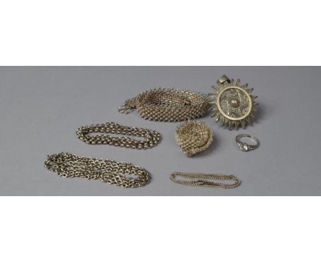 A Silver and CZ Solitaire Ring, Two Silver Necklaces, Indian White Metal Necklace and Bracelet with Pendant 