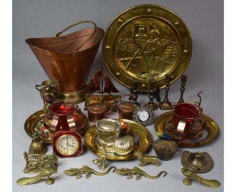 A Collection of Various Brasswares to comprise Bucket, Chargers, Miniature Copper Teapot etc 