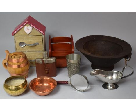 A Tray of Sundries to Include Modern Two Drawer Wooden Tea Caddy Store, Hip Flask, Magnifying Glass, Barrel Tankard, Pewter a