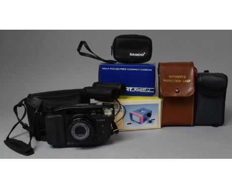 A Collection of Cameras, Binoculars, Slide Viewer, Motorists Inspection Lamp etc 