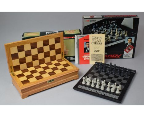 A John Jaques Staunton Chess Cabinet with Inlaid Walnut and Maple Chess Board Together with a Saitek XII Trainer Kasparov 