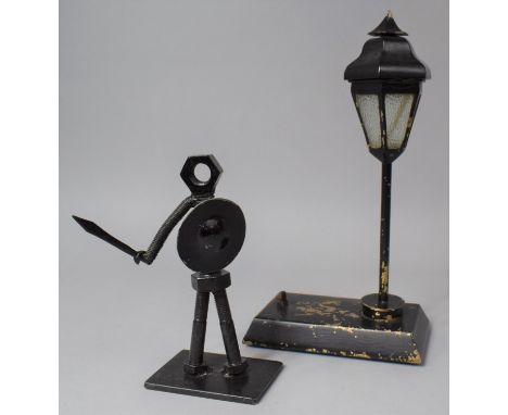 A Novelty Metal Nut and Bolt Sculpture of a Knight and a Metal Novelty Table Lamp in the Form of a Street Light 